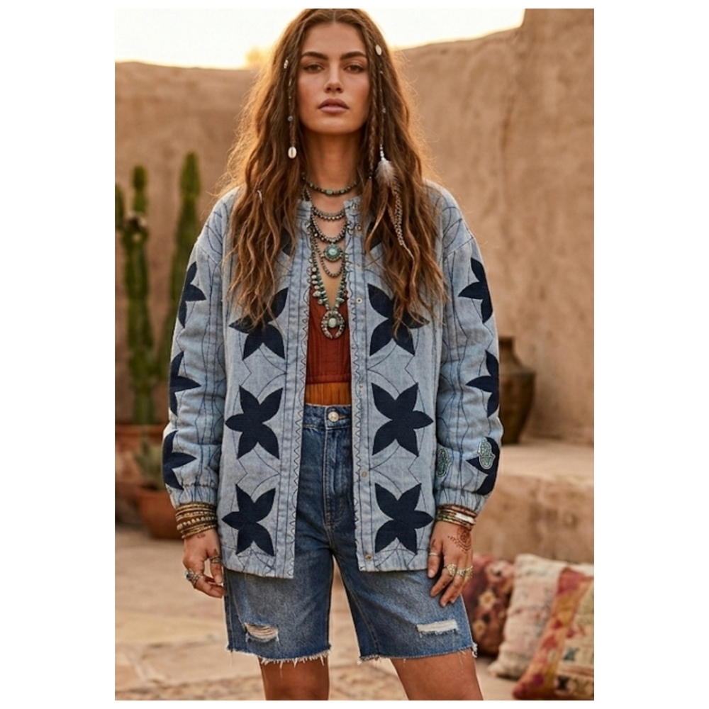 Blue Velvet Quilted Embroidered Denim Jacket
